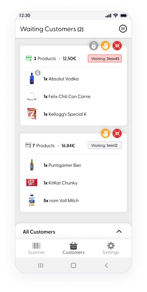 Employee app screen showing a real-time view of all active Scan & Go baskets in the store