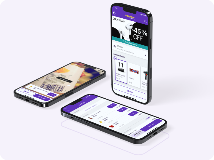 Drei Smartphones mit shopreme Scan & Go: Scanner, Warenkorb und Storefront Content mit In-App-Promotions